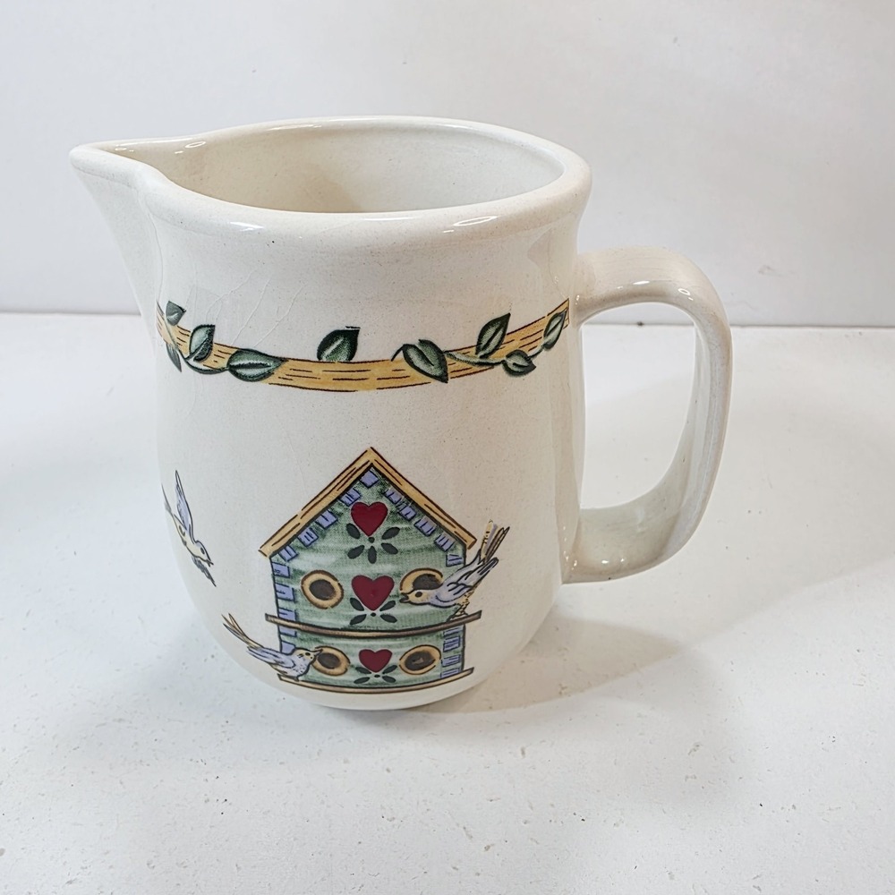 Vintage Thompson Pottery Birdhouse Creamer Mini Pitcher Hearts Birds